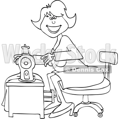 Clipart of a Cartoon Lineart Happy Seamstress Woman Sewing a Dress - Royalty Free Vector Illustration © djart #1585515