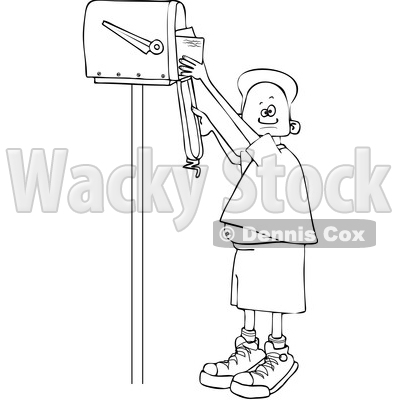 Clipart of a Lineart Black Boy Checking Mail from a Tall Mailbox - Royalty Free Vector Illustration © djart #1587348