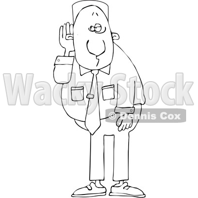 Clipart of a Cartoon Lineart Black Business Man Cupping His Ear to Listen - Royalty Free Vector Illustration © djart #1595488