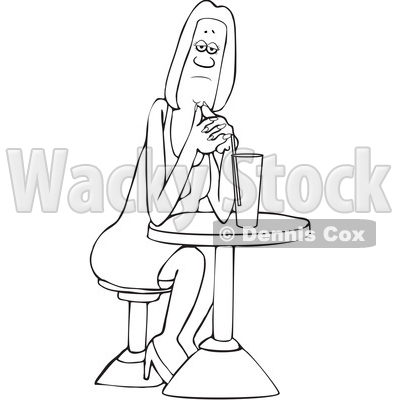Clipart of a Cartoon Lineart Black Woman Sitting with a Cocktail at a Table - Royalty Free Vector Illustration © djart #1601190