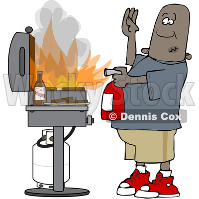 Clipart of a Cartoon Black Man Using a Fire Extinguisher to Put out Flaming Meat Patties on a Bbq Grill - Royalty Free Vector Illustration © djart #1601191