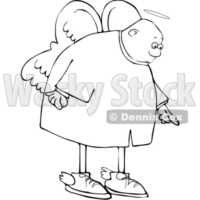 Clipart of a Cartoon Lineart Black Male Angel Pointing down - Royalty Free Vector Illustration © djart #1601195