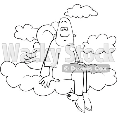 Clipart of a Cartoon Lineart Black Male Angel Sitting on the Clouds of Heaven - Royalty Free Vector Illustration © djart #1601213