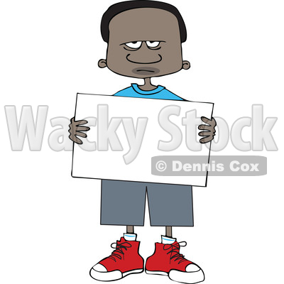 Clipart of a Cartoon Angry Black Boy Holding a Blank Sign - Royalty Free Vector Illustration © djart #1602226