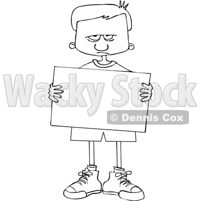 Clipart of a Cartoon Lineart Angry Boy Holding a Blank Sign - Royalty Free Vector Illustration © djart #1602227