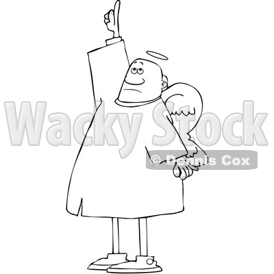 Clipart of a Cartoon Lineart Black Male Angel Pointing up - Royalty Free Vector Illustration © djart #1602454