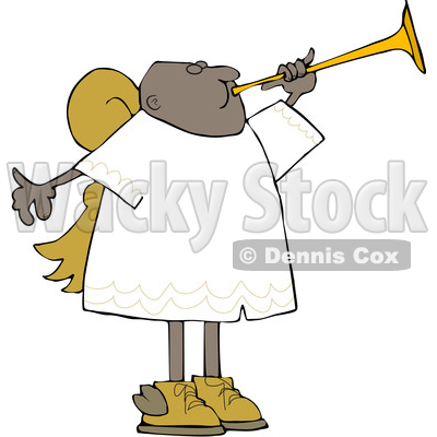 Clipart of a Cartoon Black Male Angel Blowing a Horn - Royalty Free Vector Illustration © djart #1603537