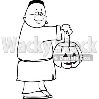 Clipart of a Cartoon Lineart Black Boy Holding a Halloween Candy Bucket and Trick or Treating - Royalty Free Vector Illustration © djart #1603882