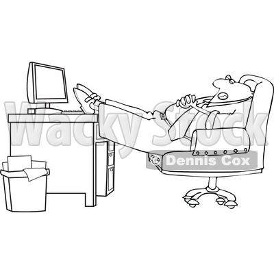 Clipart of a Cartoon Lineart Black Businessman Sleeping with His Feet on His Desk - Royalty Free Vector Illustration © djart #1604528