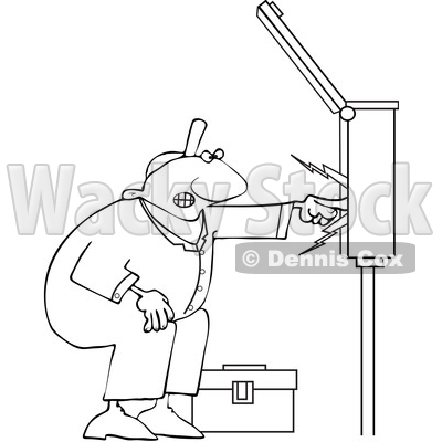 Clipart of a Cartoon Lineart Black Male Electrician Touching a Power Box - Royalty Free Vector Illustration © djart #1606080