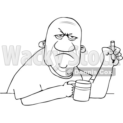 Clipart of a Cartoon Lineart Grumpy Old Black Man Smoking a Cigarette over Coffee - Royalty Free Vector Illustration © djart #1606275
