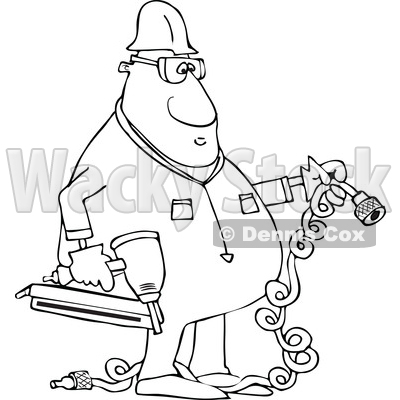Clipart of a Cartoon Lineart Black Male Construction Worker Holding an Air Nailer - Royalty Free Vector Illustration © djart #1606295