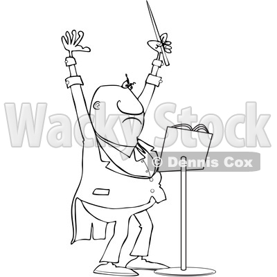 Clipart of a Cartoon Lineart Black Male Music Conductor Holding up an Arm and Wand - Royalty Free Vector Illustration © djart #1606298
