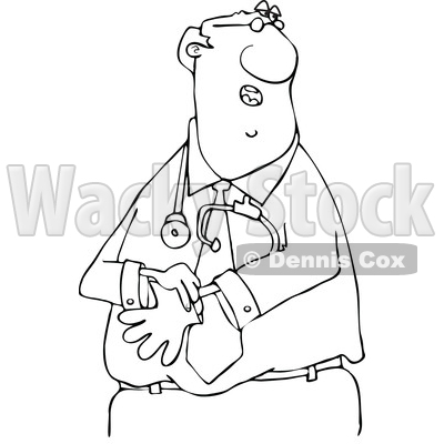 Clipart of a Cartoon Lineart Black Male Doctor Putting on Exam Gloves - Royalty Free Vector Illustration © djart #1606319