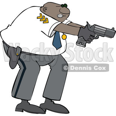 Clipart of a Cartoon Black Male Police Officer Aiming His Gun - Royalty Free Vector Illustration © djart #1606323