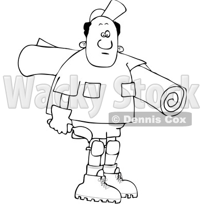 Clipart of a Cartoon Lineart Black Male Carpet Layer Carrying a Roll and Trowel - Royalty Free Vector Illustration © djart #1607407