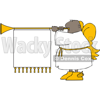 Clipart of a Cartoon Black Male Christmas Angel Blowing a Horn with a Banner Sign - Royalty Free Vector Illustration © djart #1609128