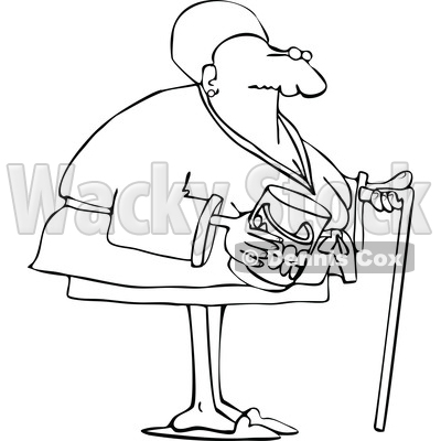 Clipart of a Cartoon Lineart Black Senior Woman with a Cane and Her Teeth in a Glass - Royalty Free Vector Illustration © djart #1609455