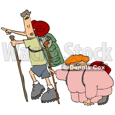 Skinny Man Carrying Hiking Gear And Using A Stick While Pointing Forwards, Trying To Motivate His Overweight Wife And To Get Her Into Better Health While Taking A Hike Clipart Illustration © djart #16131
