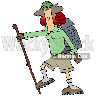Slender And Fit Woman Using A Hiking Stick And Carrying Camping Gear While Tackling A Tough Trail Clipart Illustration © djart #16132