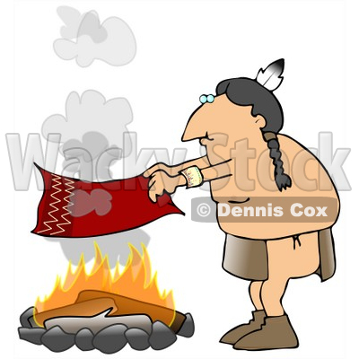 Male Native American Indian Flapping A Blanket Above A Fire To Make A Smoke Signal Clipart Illustration © djart #16133