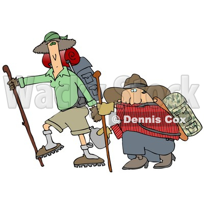 Skinny Woman Hiking With Her Husband That Is Out Of Shape, Kneeling And Taking A Drink From A Canteen Clipart Illustration © djart #16139