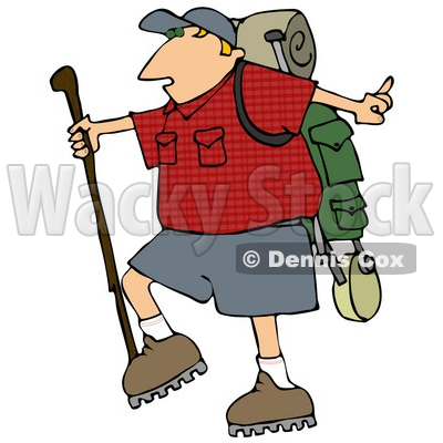 Slightly Chubby Man Hiking And Carrying A Stick And Gear On His Back Clipart Illustration © djart #16148