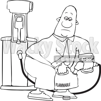 Clipart of a Cartoon Lineart Black Business Man Pumping Gasoline into a Gas Can - Royalty Free Vector Illustration © djart #1615020