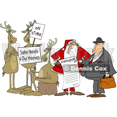Clipart of a Group of Christmas Reindeer on Strike and Santa Talking to an Attorney About the List of Demands - Royalty Free Vector Illustration © djart #1616059