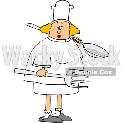 Cartoon Blond White Female Chef Carrying a Giant Spoon and Fork © djart #1617709