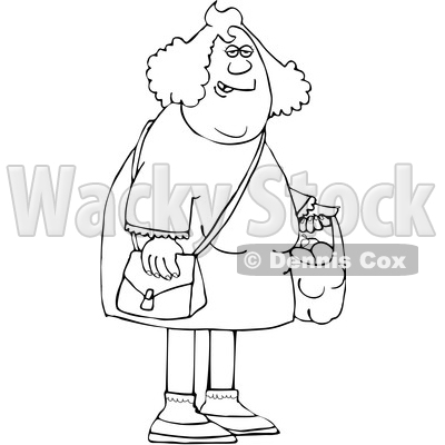 Cartoon Black and White Chubby Woman Carrying a Shopping Bag Full of Apples and Oranges © djart #1622885