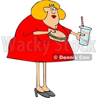 Cartoon Chubby White Woman Eating a Burger and Holding a Soda © djart #1622886