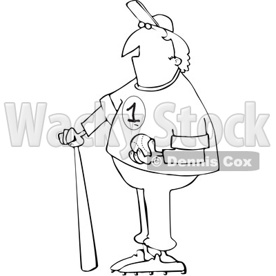 Cartoon Black and White Male Baseball Player with a Ball and Bat © djart #1624641