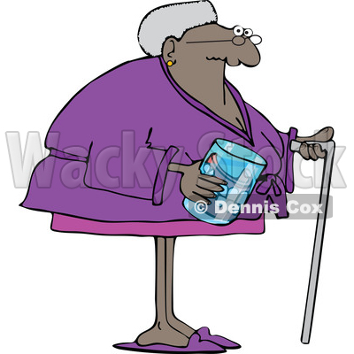 Cartoon Black Senior Woman with a Cane and Her Teeth in a Jar © djart #1624928