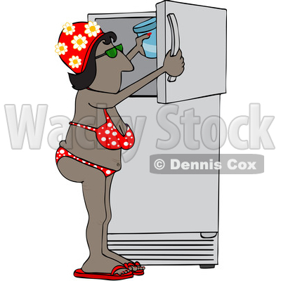 Cartoon Black Lady in a Bikini and Swim Cap Putting Something in a Freezer © djart #1637493