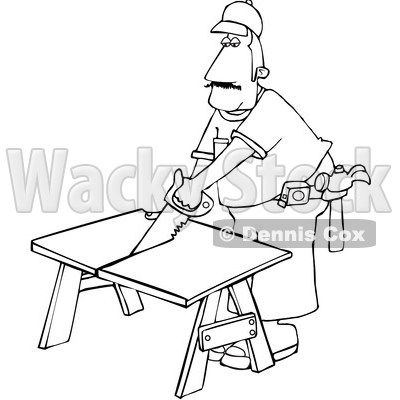 Cartoon Black and White Male Carpenter Using a Saw © djart #1639881