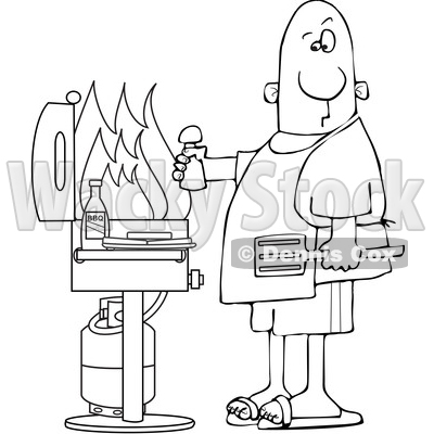 Cartoon Black and White Man Holding a Salt Shaker and Watching As the Flames Get High on His Bbq Grill © djart #1641079