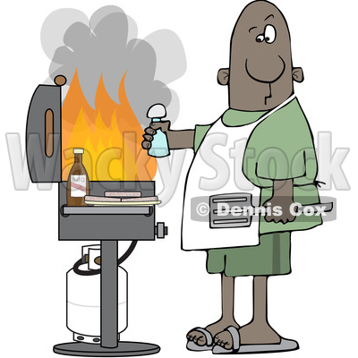 Cartoon Black Man Holding a Salt Shaker and Watching As the Flames Get High on His Bbq Grill © djart #1641096