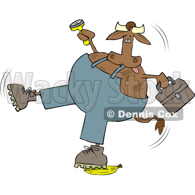 Cartoon Cow Worker Slipping on a Banana Peel © djart #1642109