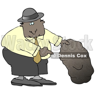 African American Man In A Black Hat, Blue Shirt, Slacks And Gray Shoes, Holding Up A Rock And Pointing Underneath It Clipart Illustration Graphic © djart #16461