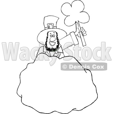 Cartoon Black and White St Patricks Day Leprechaun Holding up a Shamrock Behind a Rock © djart #1647983