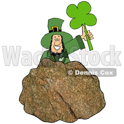 Cartoon St Patricks Day Leprechaun Holding up a Shamrock Behind a Rock © djart #1647989