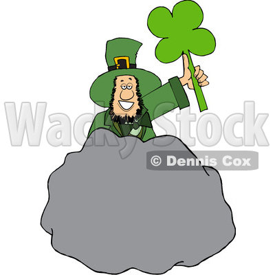 Cartoon St Patricks Day Leprechaun Holding up a Shamrock Behind a Boulder © djart #1647990