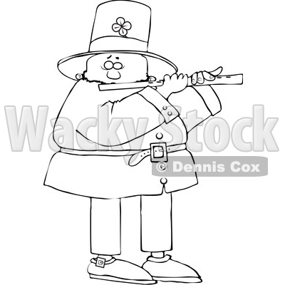 Cartoon Black and White St Patricks Day Leprechaun Playing a Flute © djart #1648155
