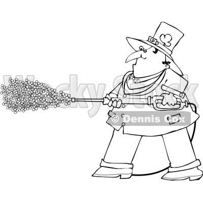 Cartoon Black and White Leprechaun Pressure Washing with Shamrocks © djart #1648696
