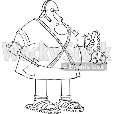 Cartoon Black and White Chubby Executioner Holding an Axe and Flail © djart #1651967