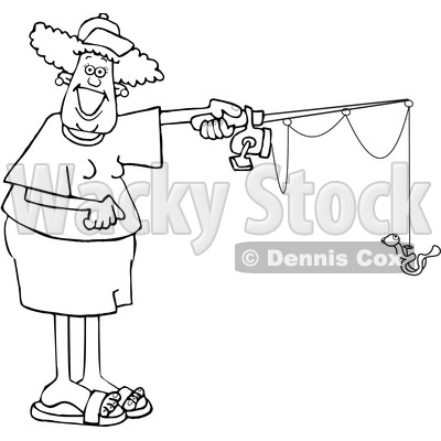 Cartoon Black and White Happy Woman Fishing © djart #1658984
