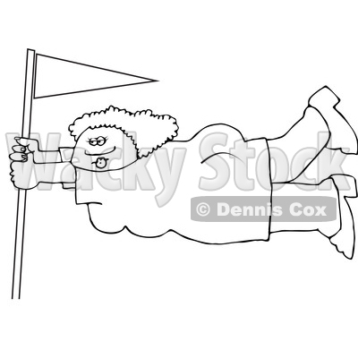 Cartoon Black and White Lady Holding onto a Flag Pole in Extreme Wind © djart #1660629