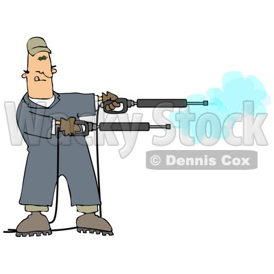 Mischievious Adult Caucasian Man In Blue Coveralls, Playing With Two Power Washer, Or Pressure Washer, Nozzles And Spraying Them Like Guns Clipart Image Graphic © djart #16623