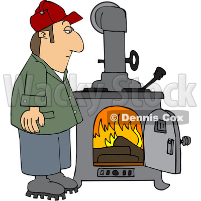 Cartoon Man Watching a Fire Burn in a Wood Stove © djart #1665684